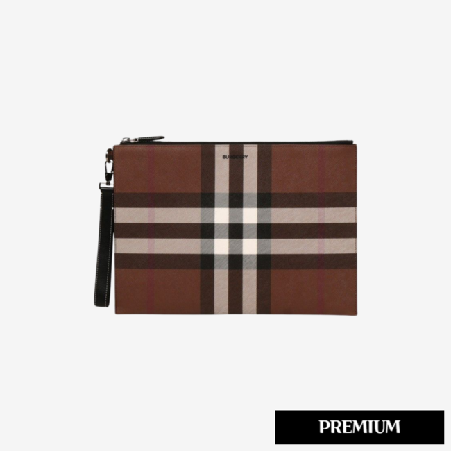 [Premium] 버버리 체크 E-캔버스 다크 버치 브라운 라지 지퍼 파우치 8036673